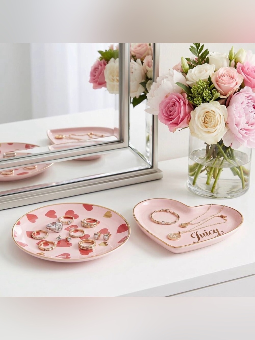 Juicy Couture Pink Heart Ceramic Jewelry Trinket Trays set of 2